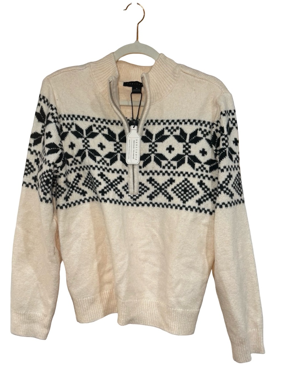 Sanctuary Cream Half-Zip Fair Isle Sweater with Black Pattern